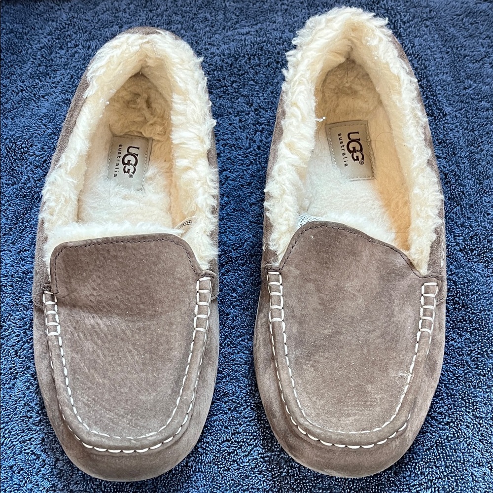 UGG Tan Suede Moccasins with White Fleece